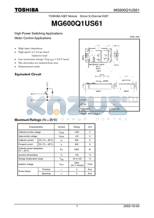 MG600Q1US61 datasheet - TOSHIBA IGBT Module Silicon N Channel IGBT