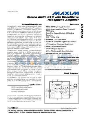 MAX9850 datasheet - Stereo Audio DAC with DirectDrive Headphone Amplifier