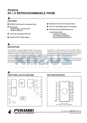 PY291A-50WMB datasheet - 2K X 8 REPROGRAMMABLE PROM