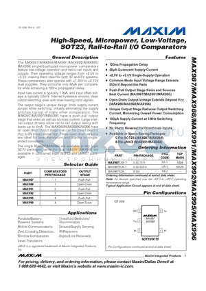 MAX987EXK-T datasheet - High-Speed, Micropower, Low-Voltage, SOT23, Rail-to-Rail I/O Comparators