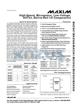 MAX987ESA datasheet - High-Speed, Micropower, Low-Voltage, SOT23, Rail-to-Rail I/O Comparators