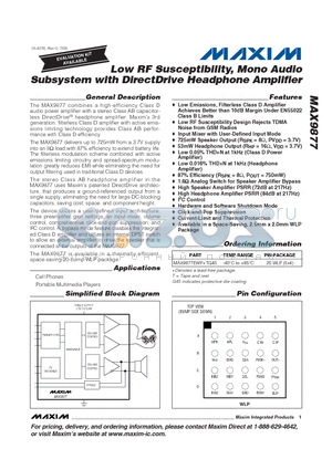 MAX9877 datasheet - Low RF Susceptibility, Mono Audio Subsystem with DirectDrive Headphone Amplifier