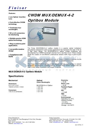 M-DF-4-2-SC datasheet - CWDM MUX/DEMUX-4-2 Optibox Module