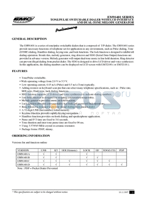 EM91401B datasheet - TONE/PULSE SWITCHABLE DIALER WITH LCD INTERFACE AND DUAL-TONE MELODY GENERATOR