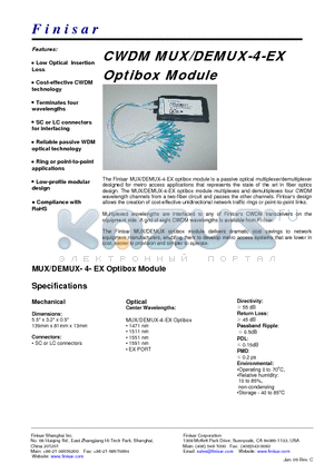 M-DF-4-EX-LC datasheet - CWDM MUX/DEMUX-4-EX Optibox Module
