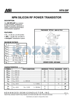 HF8-28F datasheet - NPN SILICON RF POWER TRANSISTOR