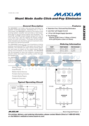 MAX9892ELT+ datasheet - Shunt Mode Audio Click-and-Pop Eliminator