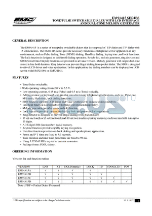 EM91415BP datasheet - TONE/PULSE SWITCHABLE DIALER WITH LCD INTERFACE AND DUAL-TONE MELODY GENERATOR