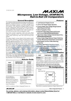 MAX990ESA datasheet - Micropower, Low-Voltage, SOT23, Rail-to-Rail I/O Comparators