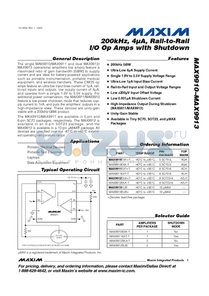 MAX9910 datasheet - 200kHz, 4lA, Rail-to-Rail I/O Op Amps with Shutdown