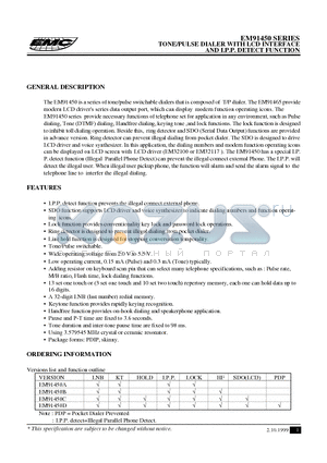 EM91450AP datasheet - TONE/PULSE DIALER WITH LCD INTERFACE AND I.P.P. DETECT FUNCTION