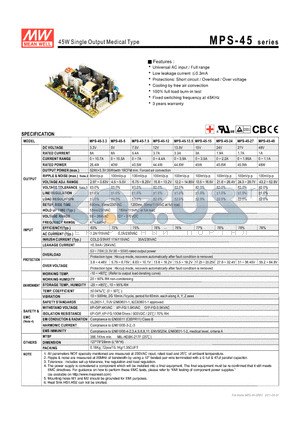 MPS-45 datasheet - 45W Single Output Medical Type