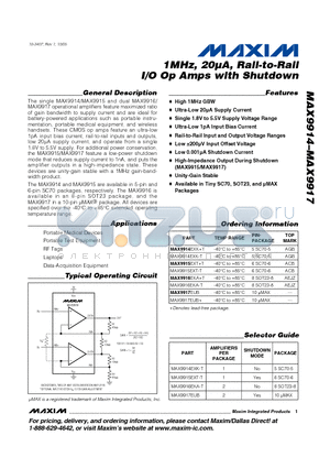 MAX9914EXK-T datasheet - 1MHz, 20lA, Rail-to-Rail I/O Op Amps with Shutdown