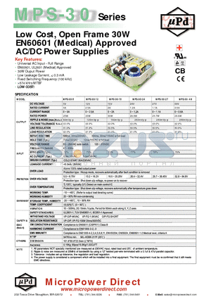 MPS-30-5 datasheet - Low Cost, Open Frame 30W EN60601 (Medical) Approved AC/DC Power Supplies
