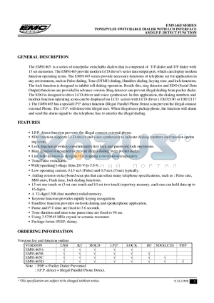 EM91465B datasheet - TONE/PULSE DIALER WITH LCD INTERFACE AND I.P.P. DETECT FUNCTION