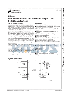LM3658SDX datasheet - Dual Source USB/AC Li Chemistry Charger IC for Portable Applications