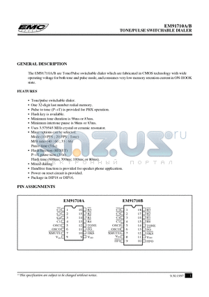 EM91710B datasheet - TONE/PULSE SWITCHABLE DIALER