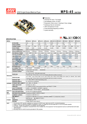 MPS-45-15 datasheet - 45W Single Output Medical Type