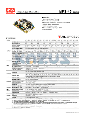 MPS-45-13.5 datasheet - 45W Single Output Medical Type