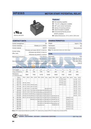 HF8565/D2S6XXX datasheet - MOTOR START POTENTIAL RELAY
