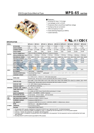 MPS-65-12 datasheet - 65W Single Output Medical Type