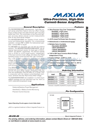 MAX9922 datasheet - Ultra-Precision, High-Side Current-Sense Amplifiers
