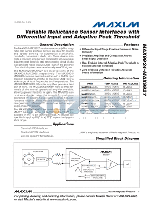 MAX9924UAUB+ datasheet - Variable Reluctance Sensor Interfaces with Differential Input and Adaptive Peak Threshold