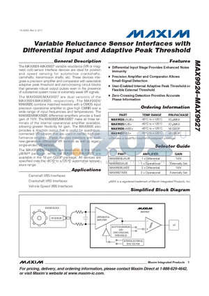 MAX9925 datasheet - Variable Reluctance Sensor Interfaces with Differential Input and Adaptive Peak Threshold