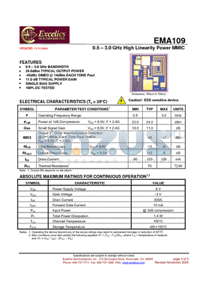 EMA109 datasheet - 0.5 - 3.0 GHz High Linearity Power MMIC