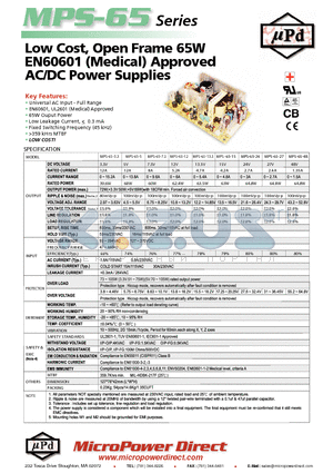 MPS-65-24 datasheet - Low Cost, Open Frame 65W EN60601 (Medical) Approved AC/DC Power Supplies