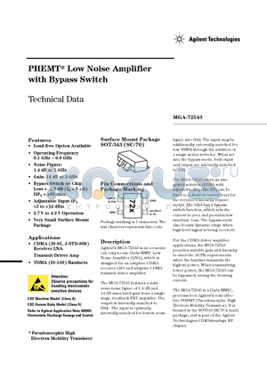 MGA-72543-BLK datasheet - PHEMT Low Noise Amplifier with Bypass Switch