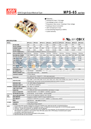 MPS-65-24 datasheet - 65W Single Output Medical Type