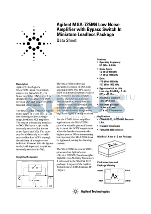 MGA-725M4-BLK datasheet - Low Noise Amplifier with Bypass Switch In Miniature Leadless Package