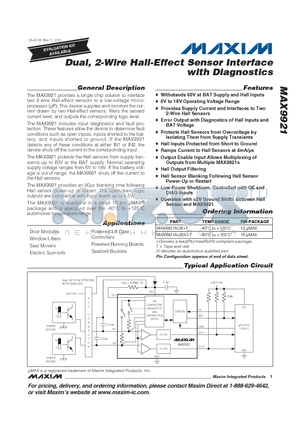 MAX9921 datasheet - Dual, 2-Wire Hall-Effect Sensor Interface with Diagnostics