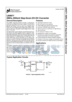 LM3671TL-ADJ datasheet - 2MHz, 600mA Step-Down DC-DC Converter