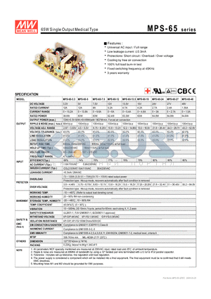 MPS-65 datasheet - 65W Single Output Medical Type