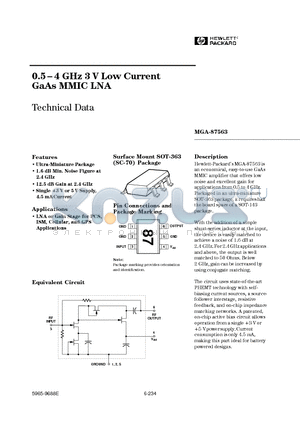 MGA-87563-TR1 datasheet - 0.5 - 4 GHz 3 V Low Current GaAs MMIC LNA