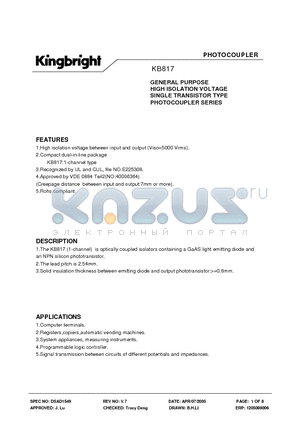 KB817C datasheet - GENERAL PURPOSE HIGH ISOLATION VOLTAGE SINGLE TRANSISTOR TYPE PHOTOCOUPLER SERIES