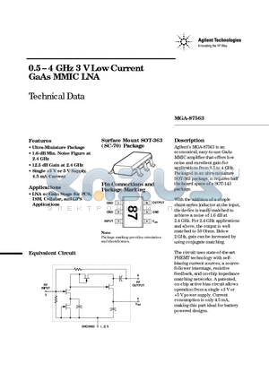 MGA87563 datasheet - 0.5 - 4 GHz 3 V Low Current GaAs MMIC LNA