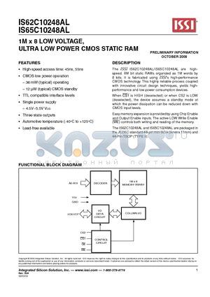 IS62C10248AL-55TLI datasheet - 1M x 8 LOW VOLTAGE, ULTRA LOW POWER CMOS STATIC RAM