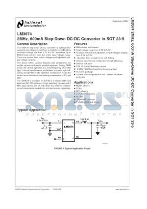 LM3674MFX-ADJ datasheet - 2MHz, 600mA Step-Down DC-DC Converter in SOT 23-5