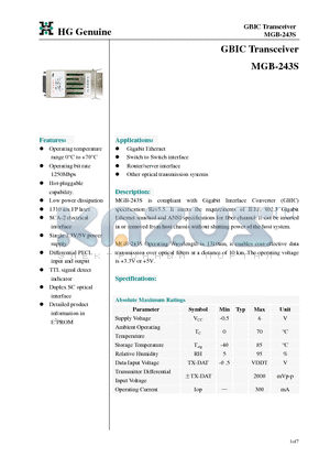MGB-033L0DT datasheet - GBIC Transceiver
