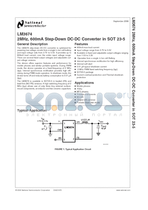 LM3674_0609 datasheet - 2MHz, 600mA Step-Down DC-DC Converter in SOT 23-5