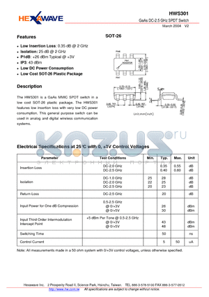 HWS301 datasheet - GaAs DC-2.5 GHz SPDT Switch