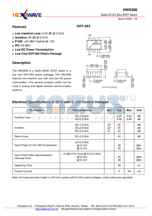 HWS306 datasheet - GaAs DC-2.5 GHz SPDT Switch