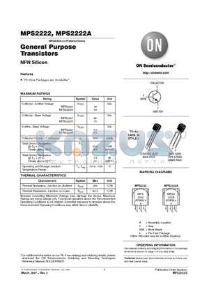 MPS2222ARLRA datasheet - General Purpose Transistors