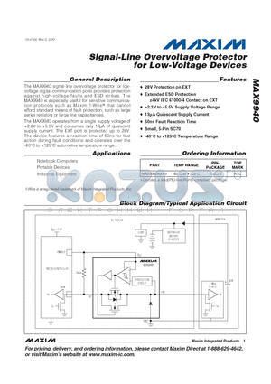 MAX9940AXK+ datasheet - Signal-Line Overvoltage Protector for Low-Voltage Devices