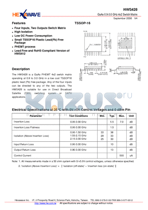 HWS428 datasheet - GaAs 0.9-3.0 GHz 4x2 Switch Matrix