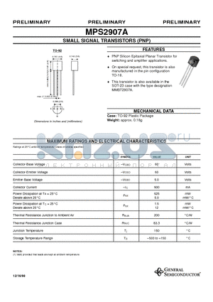 MPS2907A datasheet - SMALL SIGNAL TRANSISTORS (PNP)