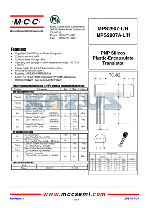 MPS2907 datasheet - PNP Silicon Plastic-Encapsulate Transistor